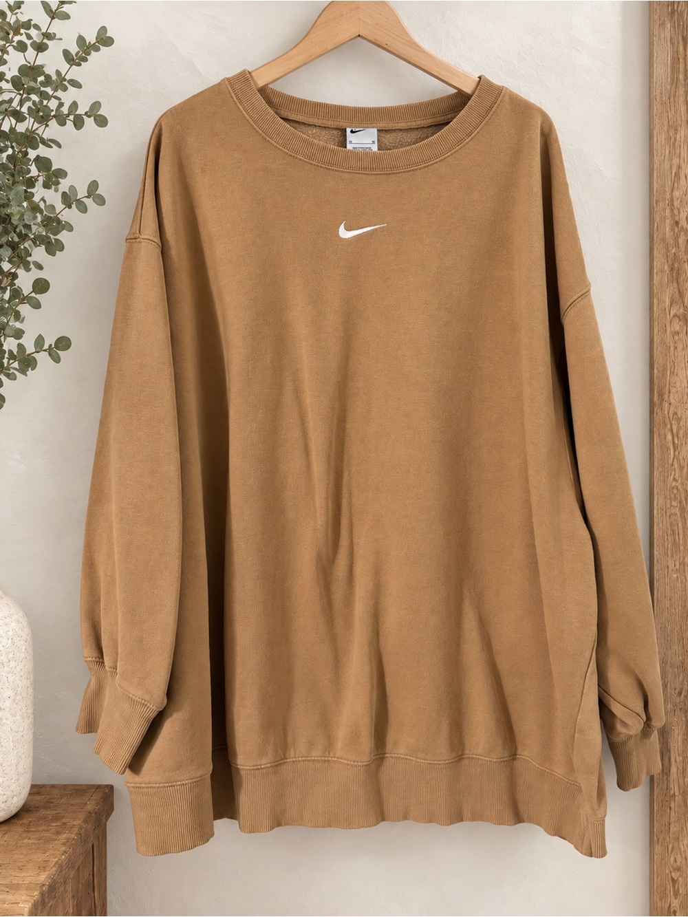 Nike Women's Crewneck Sweatshirt in Camel Brown with White Swoosh